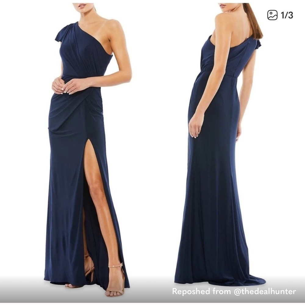 Mac Duggal One-Shoulder Draped Jersey Sheath Gown Navy